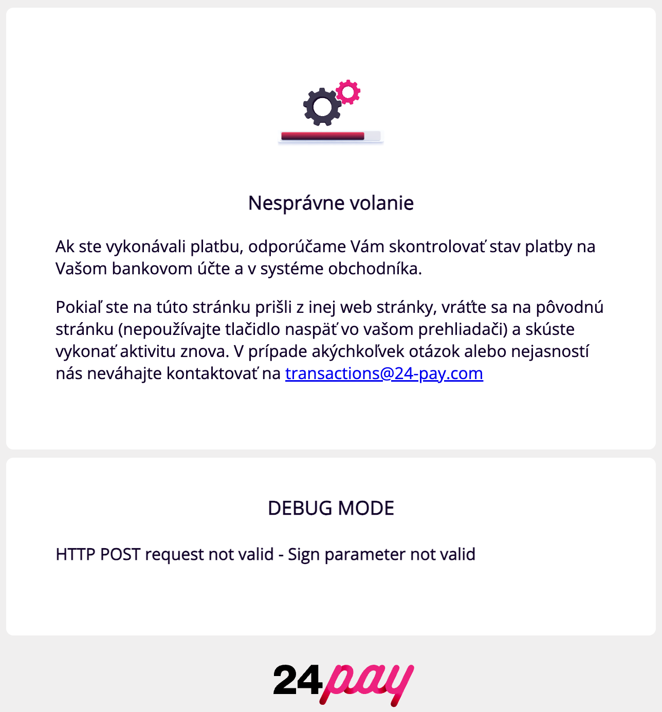 Platobný formulárPlatobný formulár pri nesprávnom podpise a debug mode